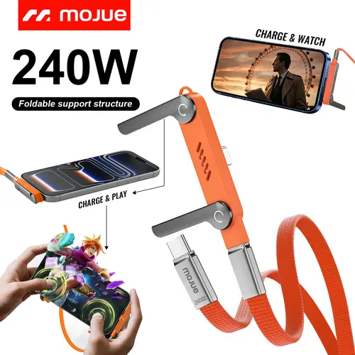 MOJUE Invisible Folding Mobile Charger Cable Holder - 240W PD Fast Charger Phone Holder & Mount, 5FT USB-C to Type-C Cable, 360° Rotating Metal Stand for Smartphones, Ideal for Gaming, Office Use, Usb-C Charging Cable Phone Holders & Mounts
