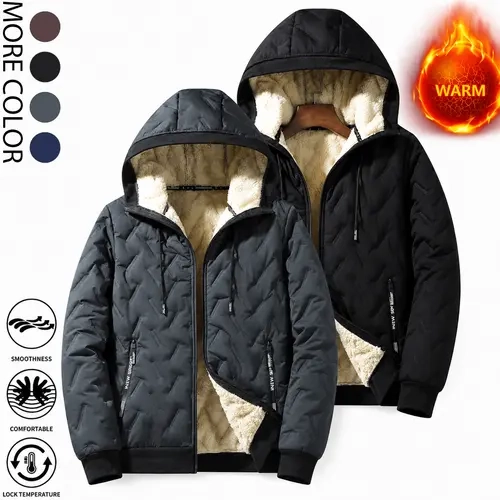 2026 Men's New Fashion Hooded and Velvet Jacket with Long Sleeve, Fleece Inner Lining, Waterproof and Windproof, Unique Texture, Zipper, Essential Solid Color Coat for Autumn and Winter, Daily Leisure, Outdoor Casual Menswear