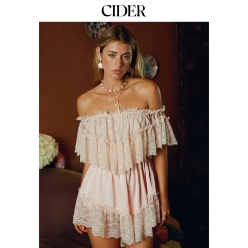 Cider Satin Off-shoulder Lace Ruffle Belted A-line Mini Dress