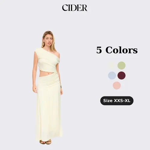 Cider Asymmetrical Neck Ruched Waist Cutout High Stretch Bodycon Maxi Dress