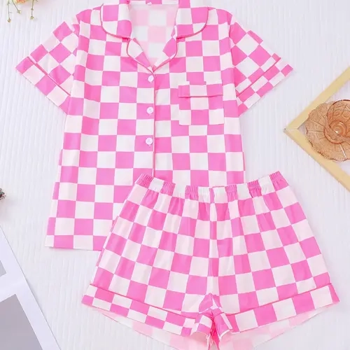 This checkered pajama set in vibrant pink and white is a summer essential, Loungewear. The lightweight fabric keeps you cool all night, while the classic button-down style adds a cute touch. The shorts are stretchy and comfortable, perfect for lounging