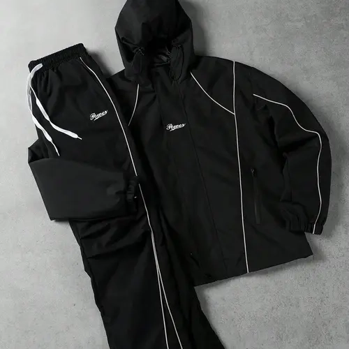 Men's 2 Piece Sets, Mens Clothing Streetwear Clothing Fashion Streetwear, Pure Black Casual Set with Drawstring Hood, Color Block Lines, Chest Embroidery - Urban Relaxed Style, Stable & Versatile