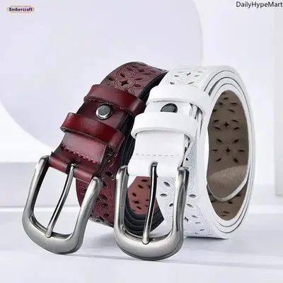Vintage Cutout Genuine Leather Belts, Adjustable Waist Belt for Jeans, Dresses