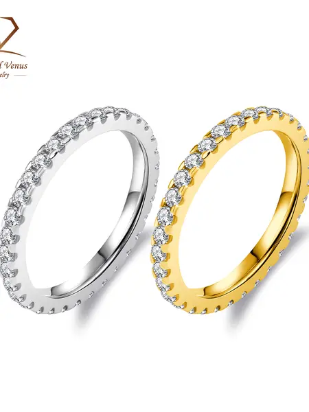 Delzzad 14K Gold Plated Stackable Eternity Ring VVS Synthetic Moissanite Ring Band Perfect Birthday Mother’s Day Gift for Men Women Wedding Set