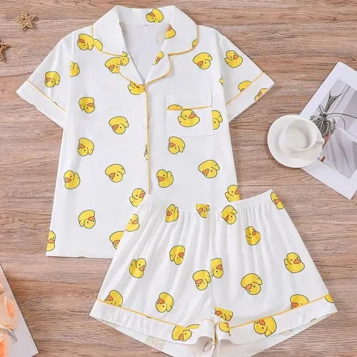 Women's Casual Duck Print Pajama Set, Homewear Pjs, Pajamas Sets, Loungewear, Short Sleeve Lapel Top & Elastic Shorts, All-Season Comfortable Sleepwear