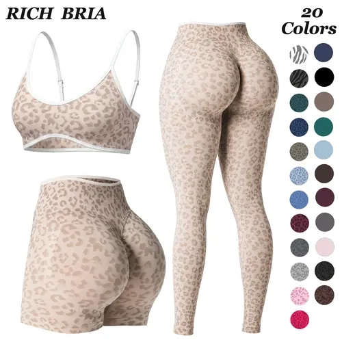 RICH BRIA Leopard Workout Sets for Women 2 Piece, Sports Bra Top & Sculpt Scrunch Shorts Butt Lifting Gym Seamless Booty Pop Sculpt Scrunch Leggings & Sport Bras Set, Breathable Comfortable Yoga Gym Clothes, Active Outfit