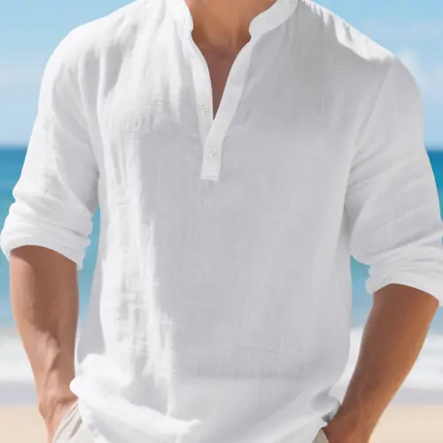 Men's 7 Colors Classic Linen Henley Shirt, Casual Solid Shirt, Mandarin Collar Long Sleeve Button Down Casual Tops, Lightweight Breathable Summer Tropical Beach Vacation Pullover
