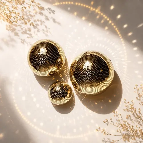 3pcs Disco Ball Wall Decor, 7/6/4 Inch 3D Hemisphere Mirror, Round Design, Self-Stick Aesthetic Design, Retro Style, Vintage Style, Party Decoration, Gold Rose, Shimmer Wall, Decoration Items