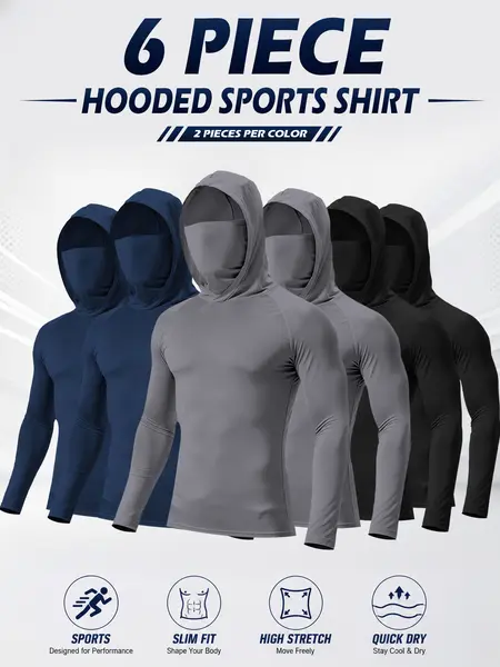 Men’s hooded sports tops available in sets of 6 or 3, featuring a mask design, high-stretch quick-dry fabric, sun protection and breathability—ideal for outdoor activities, fishing, and working outdoors in sunny conditions.