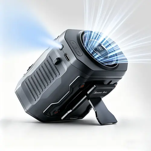 HOOYS Clip-On Battery Powered USB Fan - Handheld, 199-Speed Button Control, Flashlight Combo, Waist Attachment, Power Display, 3600mAh Rechargeable, Easy to Carry for Camping & Indoor Use