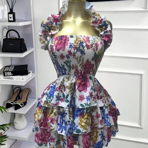 PULKRITU Elegant Women's Floral Print Frill Trim Backless Strapless Layered Ruffle Mini Dress, Casual Party Outfit, Perfect for Club, Brunch, Graduation & Evening Events