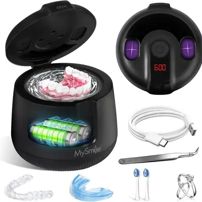 MySmile MS202B Cordless Ultrasonic Retainer Cleaner, 48kHz Portable Dental Cleaning Pod wiht 4000mAH Battery, 200ML Rechargeable Denture Cleaner Machine for Toothbrush Head, Mouth Guard, Night Guard, Aligners