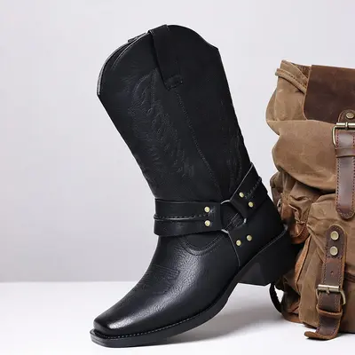 Men's Western Cowboy Boots - Ankle Strap Buckle, Embossed Shaft, Comfortable Low Heels, Pull Tab, Versatile Casual Smart Shoe with Western & Cowboy Aesthetic for Daily Wear (Black, Brown) Walking Shoes Booties