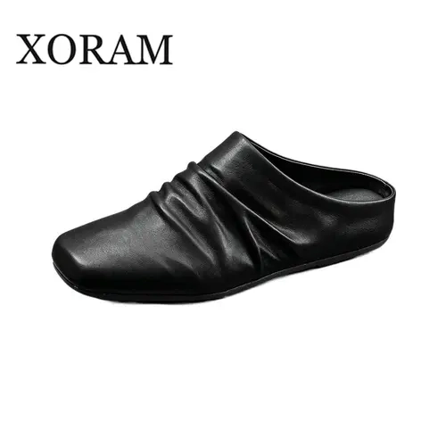 Men's Pleated Square-Toe Backless Slip-On Mule Loafers, Business Casual Footwear Flat Heel Rubber Sole Walking Shoes 14949