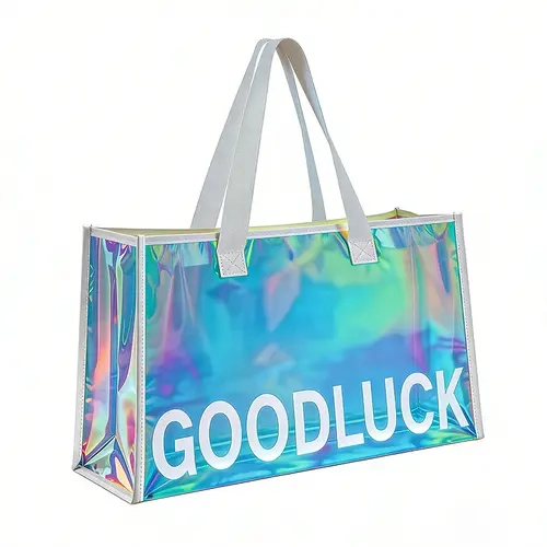 B2prity Women's Large Aesthetic Sparkly Iridescent Polyurethane Beach-Themed Tote Bag - Waterproof, Sandproof, Tip-Proof, Casual Beach Bag with Inner Zip Pocket for Holiday Use (Do Not Dry Clean)