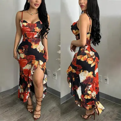 CHICME Women's Floral Print Mesh Bodycon Dress - Sleeveless Cami, Ruffle Hem, High Slit Mermaid Style - Wedding Guest, Birthday, Concert & Going Out Outfits for Summer Parties, Wedding Guest Dresses