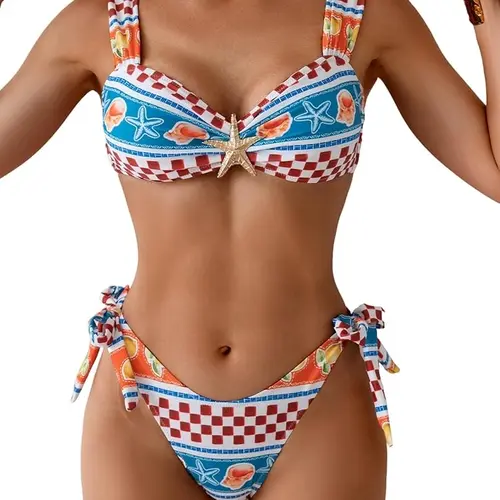 Eomenie Women's Metal Bikini 2 Piece High Waisted Lace Up Swimsuit Tie Back Sexy V Neck Bathing Suit, Ruffle Wide Strap Gold Starfish Swimwear, Removable Soft Pads Bra, Trendy, Beach, White Bridal