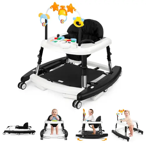 5-in-1 Baby Walker for 6-18 Months Infants, Foldable & Adjustable Activity Walker with Bouncer, Music, Feeding Tray & Removable Footrest for Boys & Girls