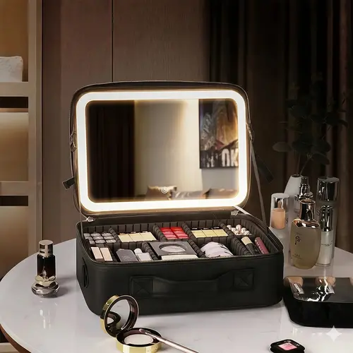 LED Lighted Makeup Bag Organizer - All-in-1 Waterproof Travel Case with Built-In Organizer, 3 Light Modes, Adjustable Dividers, Adjustable Shoulder Strap, Large Capacity, Ample Internal Space, Built-In Lithium Ion Battery for Makeup Products