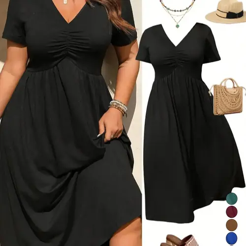 Plus Size V-Neck Ruched Short Sleeve Midi Dress, Casual Summer Flowy A-Line Dress, Women's Fashion Clothing, Casual Wear