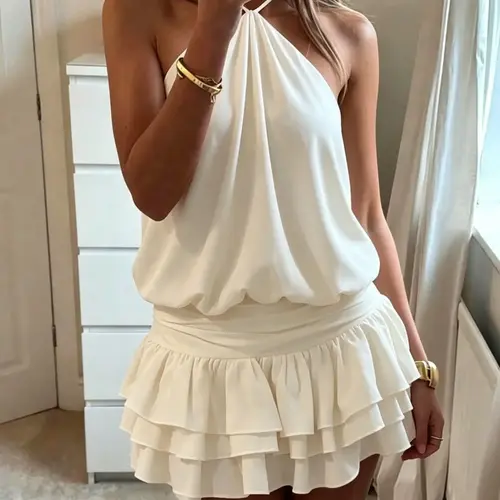 Fashion Draped Halter Neck Sleeveless Tie Ruffle Multi-Layer Short Dress, Beach Vacation Casual Wear, Elegant Party Wear