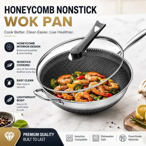 12.60" Stainless Steel Nonstick Wok with Lid, Honeycomb Texture Design, Household Stir-Fry Pan, Compatible with Induction Cookers, Ceramic Cooktops, and Various Kitchen Stoves Cookware summerwins summerwins
