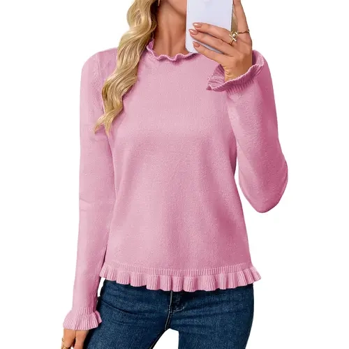 EVALESS Women's Knit Sweater - Cute Peplum Piece, Ruffle Sleeves & Neckline, Mock Neck, Soft Knitting Style, 2026 Fall Winter Dressy Casual Lady Teacher Pullover Top