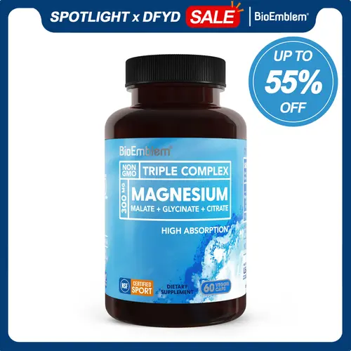 BioEmblem Magnesium Complex Supplement - 300mg Elemental Magnesium (Citrate Anhydrous, Malate, Glycinate) - NSF Certified for Sport, Non-GMO, Gluten-Free - High Absorption Post-Workout Muscle Recovery, Cardiovascular Health Aid - 60 Capsules, Citrated Mag