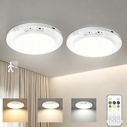 2-Pack Rechargeable Magnetic LED Ceiling Spots - 10000mAh, 10-Level Dimming, Motion Sensor, Remote Control, 3 Adjustable Color Modes, 7-10H Runtime, Wireless Battery-Operated Natural Light Ambient Interior Lighting for Closet, Porch