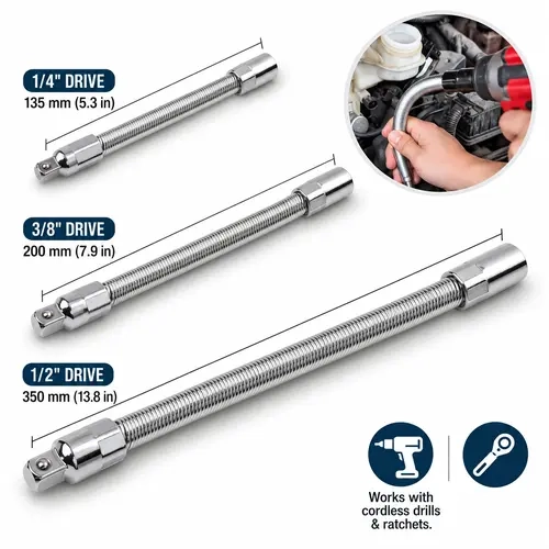 1/2 Inch Shank Flexible Socket Extension Ratchet - 350mm Length, Heat-Treated Chrome Vanadium Steel, Rust-Resist, Anti-Rust, Durable, High-Tolerance, Automotive Mechanic Tools for Cars, Manual/Wrench Access for Engine & Corner Car Repair