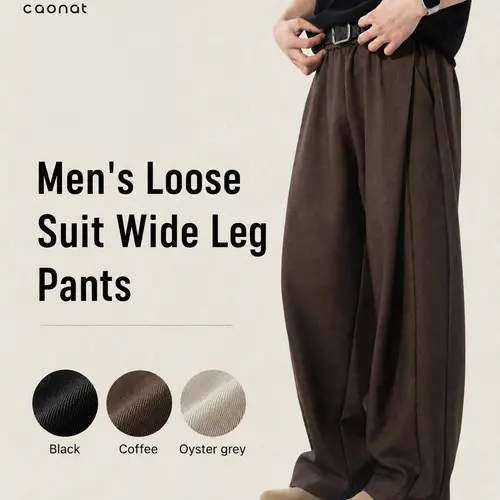 Men's High Rise Comfy Long Pants Baggy Wide Leg, Pleated, Plain, Below the Ankle, Machine Washable Retro Streetwear Menswear Trousers