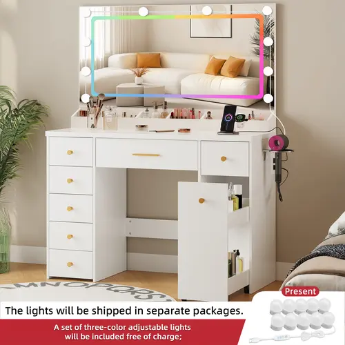 LAKEMID 41.5" Sturdy Modern Vanity with Mirror - 7-Drawer Makeup Vanity Desk, 7-Color LED Lights, Power Outlet, 2-Tier Castered Cabinet, 6 Compartments, Assembly Required, Fancy Indoor Storage Furniture for Girl Cave
