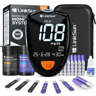 Linksun M26-K Blood Glucose & Ketone Testing Kit, 20 Safety Lancets, 10 Glucose Strips, 10 Ketone Strips, Travel Case,Glucose Control Solution,2-IN-1 Glucose Ketone Meter,No Coding,Large Display Starter Kit for Home Health & Keto Monitor,summeressentials