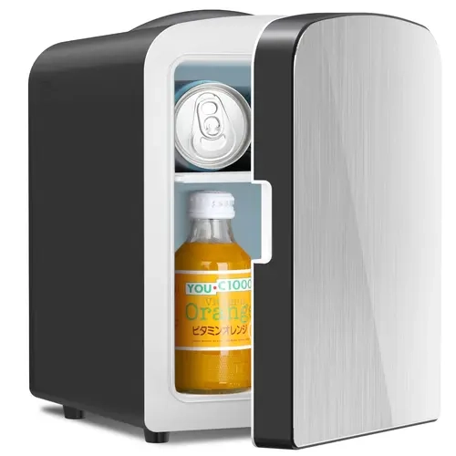 Electactic 4L Compact Mini Fridge - Magnetic Brushed Stainless Steel Door, Fast-Cooling (86°F to 50°F in 2h), Car Power Compatible, 6-Can Capacity, Energy Saver, 25db Quiet Run, for Camping, Office, Small Spaces (Skin Care & Cosmetics Storage)