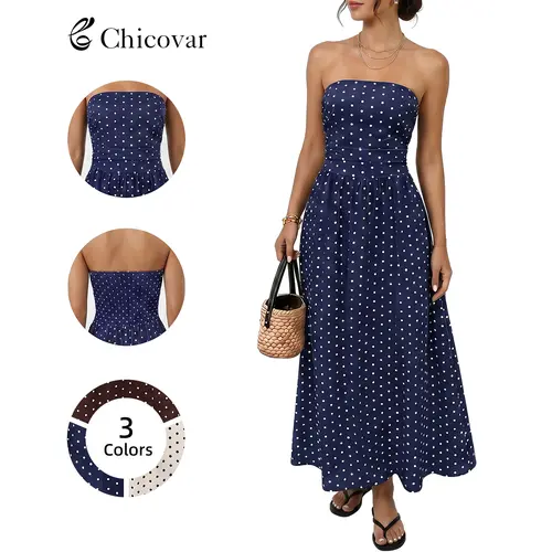 Chicovar Women's Polka Dot Strapless Maxi Dress, Flowy Fall Dress, Chic Smocked Back, A-Line, Casual, Vacation Beach Dress, Sohochic, Thanksgiving, Christmas