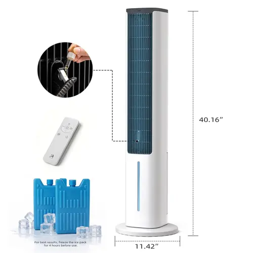 Electactic Evaporative Air Cooler - 40" Standing Adjustable Fan, 80° Oscillating Bladeless, 5L Easy-Remove Water Tank, 15H Timer Sleep, 4 Speeds, 3 Modes, 3D, 800ML, 235 CFM Room Push, Aroma Box, Remote Control, for Bedroom, Back to School