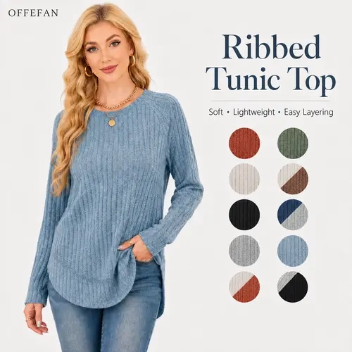 OFEEFAN Long Sleeve Shirts for Women 2026 Fall Sweaters Lightweight Casual Tunic Tops Loose Fit Winter Clothing S-2XL