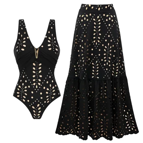 FLAXMAKER Women's V Neck Black Laser Cut One Piece Swimsuit and Matching Maxi Skirt Set Swimdress Beachwear Bathing Suit#Summervibes #SwimWeek