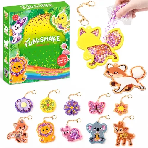 Kids' DIY Animal Keychain Charm Craft Kit - 10Pcs Multipack Glitter Shaker Keychain Accessories with Confetti, Creative Handmade Toy for Hands-On Fun, Party Favors for Ages 4+