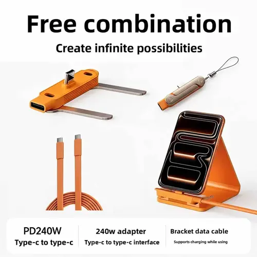240W SuperCharge 2-in-1 Detachable Type-C Charging Cable, Zinc Alloy Silicone Cable with Rotating Invisible Stand, Single-Head Extend Charger for Apple & Samsung Smartphones, Ideal for Gaming & Car Use,summerwins