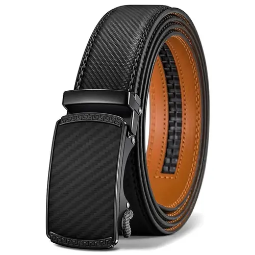 Men's Heavy-Duty Dark-Colored 100% Animal Hide Leather Ratchet Belt - Auto Buckle, Easy Release, Adjust-Fit Cuttable 28-48 in Length, Automatic Boxed, Black Straps Casual Fashion Accessory, 100% Leather Men's Belts