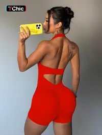 【Black Friday】Women's Summer Halter Backless U-Neck Sporty Chic Jumpsuit, Casual Workout Fashion One-Piece Fitness Wear, Stretchy Sports Jumpsuit