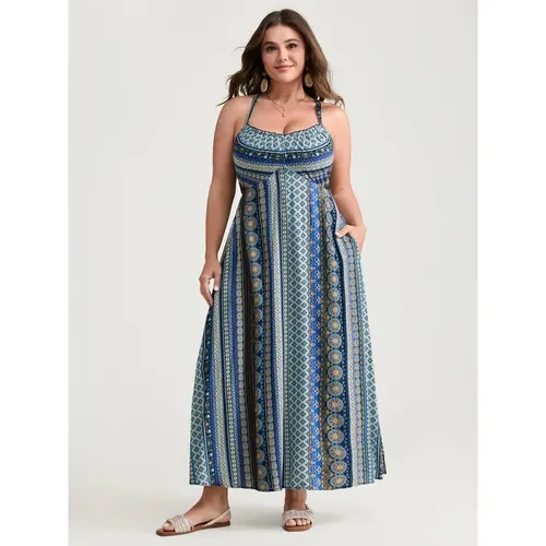 BloomChic Boho Stripe Rayon Pockets Cami Maxi Dress 【M-6XL】
