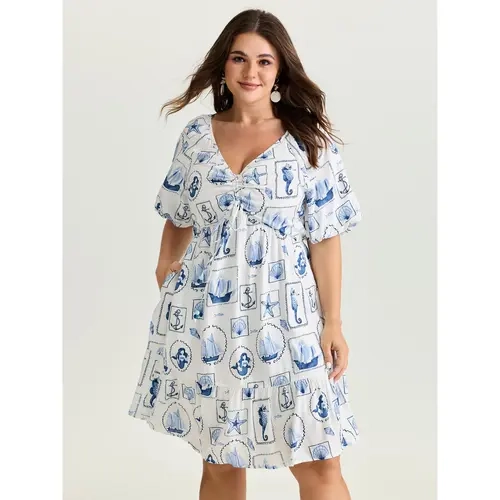 BloomChic Vitamin-Sea Print Ruched Mini Dress 【M-6XL】