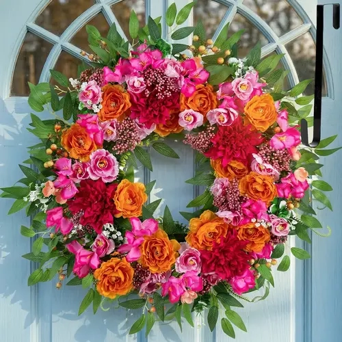 26 in Pink & Orange Floral Silk Faux Flower Wreath with Hanger - Mixed Blooms (Dahlia, Peony, Hydrangea), Decorative Ornaments, Artificial Fake Plants for Front Door, Garlands & Swags Home Festive Supplies
