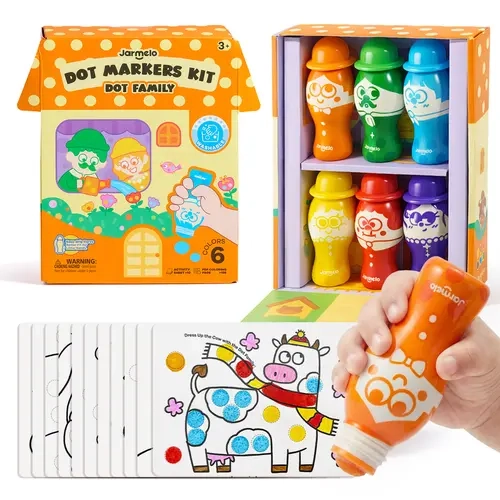 Jar Melo Dot Family Unisex Fabric Tip Colored Markers for Toddlers - Easy Grip 6-Color Bingo Markers, Washable Non-Toxic Art Supplies Craft Kit, 10 Activity Sheets, 120+ PDF Pages, Colorful Painting Drawing Set for Preschool Learning, Ages 3+ Gift