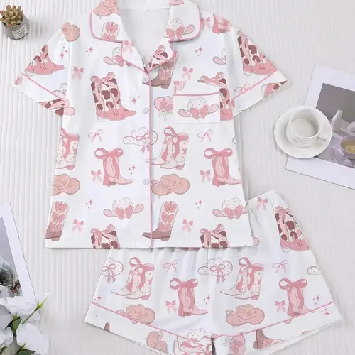 Women's Western Cowboy Boots Print Pajama Set, Pj Sets, Short Sleeve Shirt and Elastic Shorts, Elegant Comfortable Sleepwear for All Seasons Pyjamas