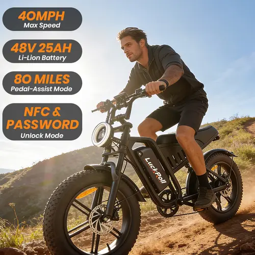 Electric ebike Peak Power 1500W, Full Suspension, Top Speed 32 MPH, Range 70-140 Miles, 50V Class Lithium Battery Approx. 30Ah Removable Battery, LED Lights, 20-Inch All-Terrain Fat Tires, UL 2849 Certified ebike