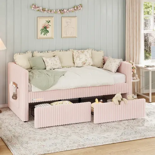 AMERLIFE Twin Size Corduroy Daybed with 2 Storage Drawers & Bedside Pocket, Upholstered Day Bed Frame with Charging & Night Light, Easy Assembly, No Box Spring Needed, for Living Room, Bedroom[TikTokShopFallDealsForYou]