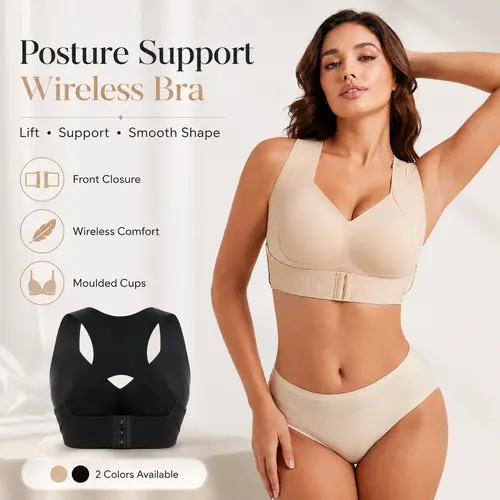 【Postural correction】Women’s Beige Wireless Bra, Soft Breathable Non-removable Moulded Cups, Yoga Fitness Sportswear for Gym & Daily Training Posture Shaping Bra